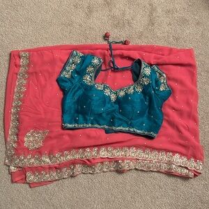 Women Saree set - turquoise blouse and pink Saree